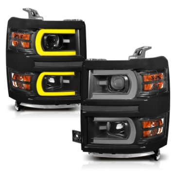 Picture of ANZO 14-15 Chevrolet Silverado 1500 Projector Headlights w- Plank Style Switchback Black w- Amber