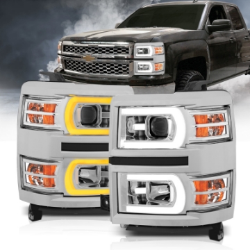 Picture of ANZO 14-15 Chevrolet Silverado 1500 Projector Headlights w- Plank Style Switchback Chrome w- Amber