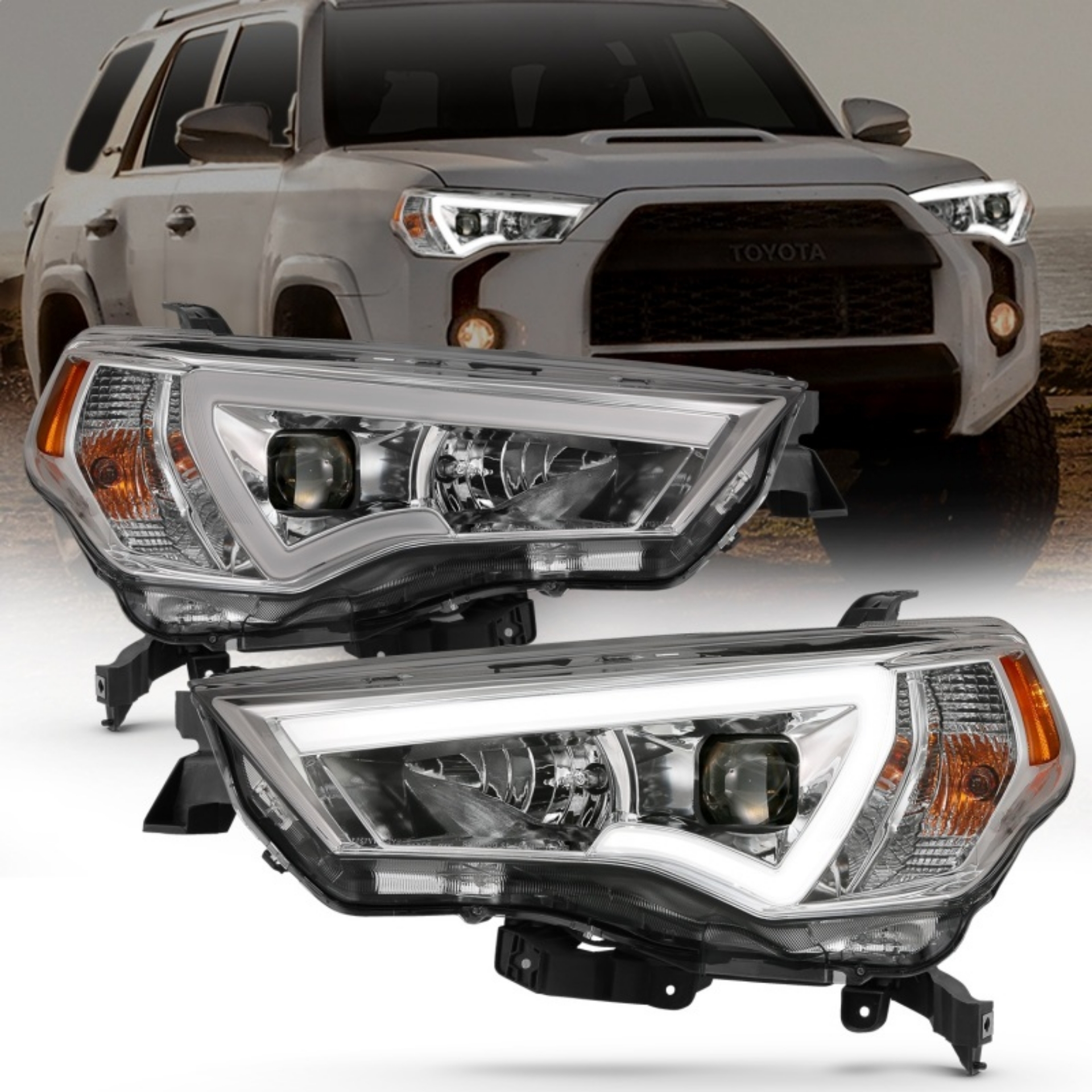 Picture of ANZO 14-18 Toyota 4 Runner Plank Style Projector Headlights Chrome w- Amber