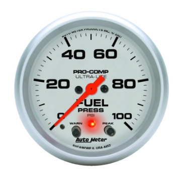 Picture of Autometer Ultra-Lite 2-5-8in Full Sweep Elec 0-100 PSI Fuel Pressure w- Peak Memory & Warning Gauge
