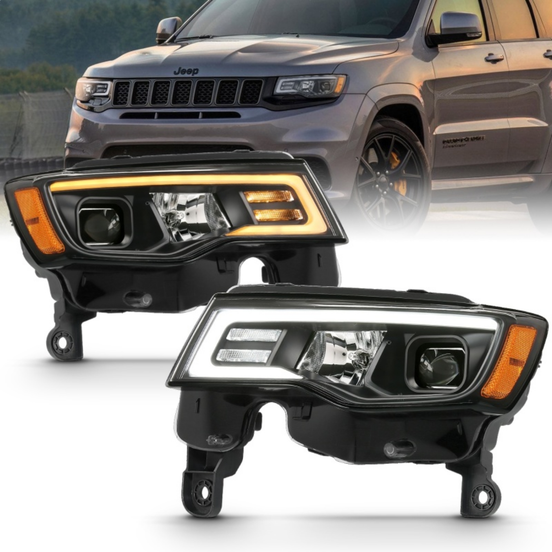 Picture of ANZO 2017-2018 Jeep Grand Cherokee Projector Headlights w- Plank Style Switchback - Black w- Amber