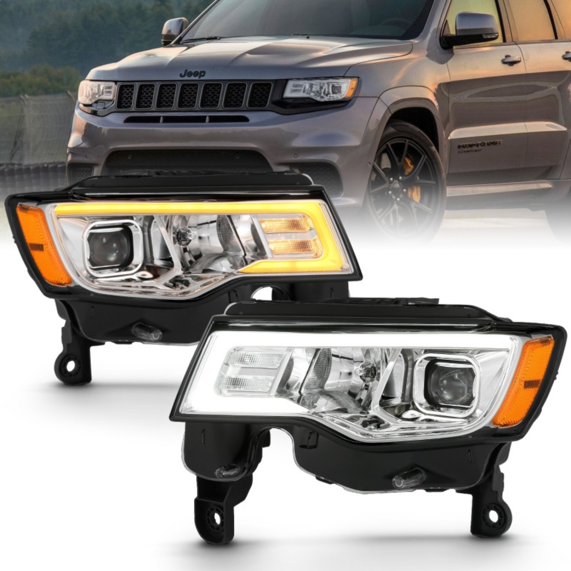 Picture of ANZO 2017-2018 Jeep Grand Cherokee Projector Headlights w- Plank Style Switchback - Chrome w- Amber
