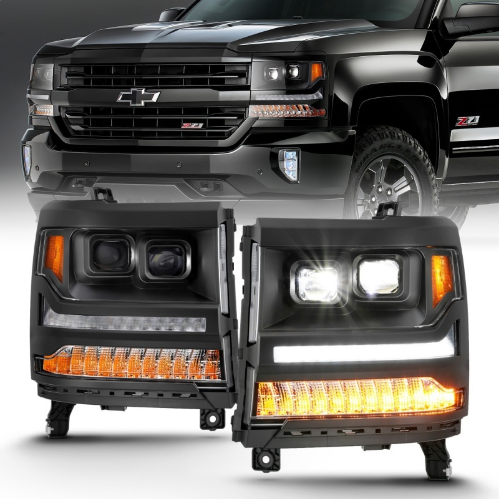 Picture of ANZO 16-18 Chevrolet Silverado 1500 LED Projector Headlights w-Plank Style Switchback Black w- Amber