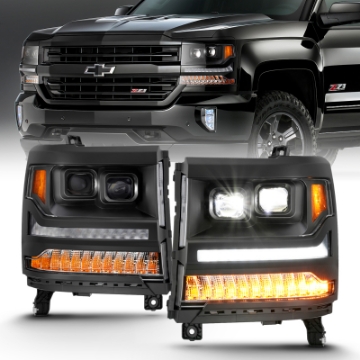Picture of ANZO 16-18 Chevrolet Silverado 1500 LED Projector Headlights w-Plank Style Switchback Black w- Amber