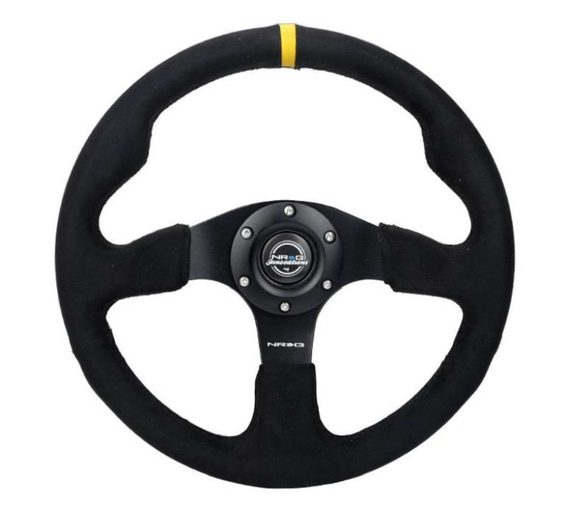 Picture of NRG Reinforced Steering Wheel 350mm- 3in- Deep Alcantara w- Yellow Center w- Black Stitch