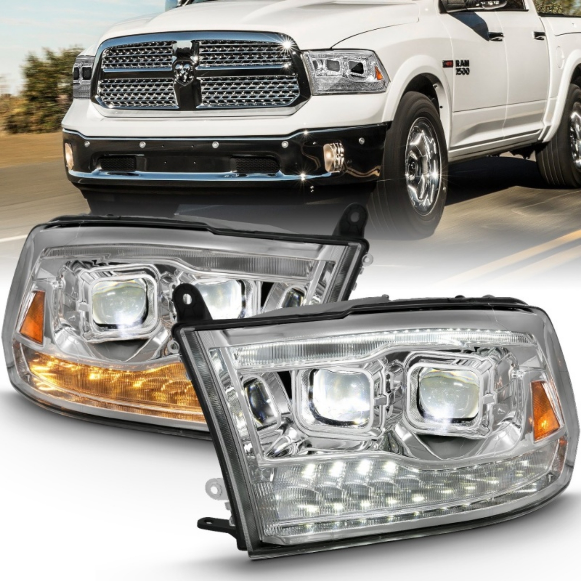 Picture of ANZO 2009-2018 Dodge Ram 1500 Led Projector Plank Style Switchback H-L Halo Chrome Amber OE Style