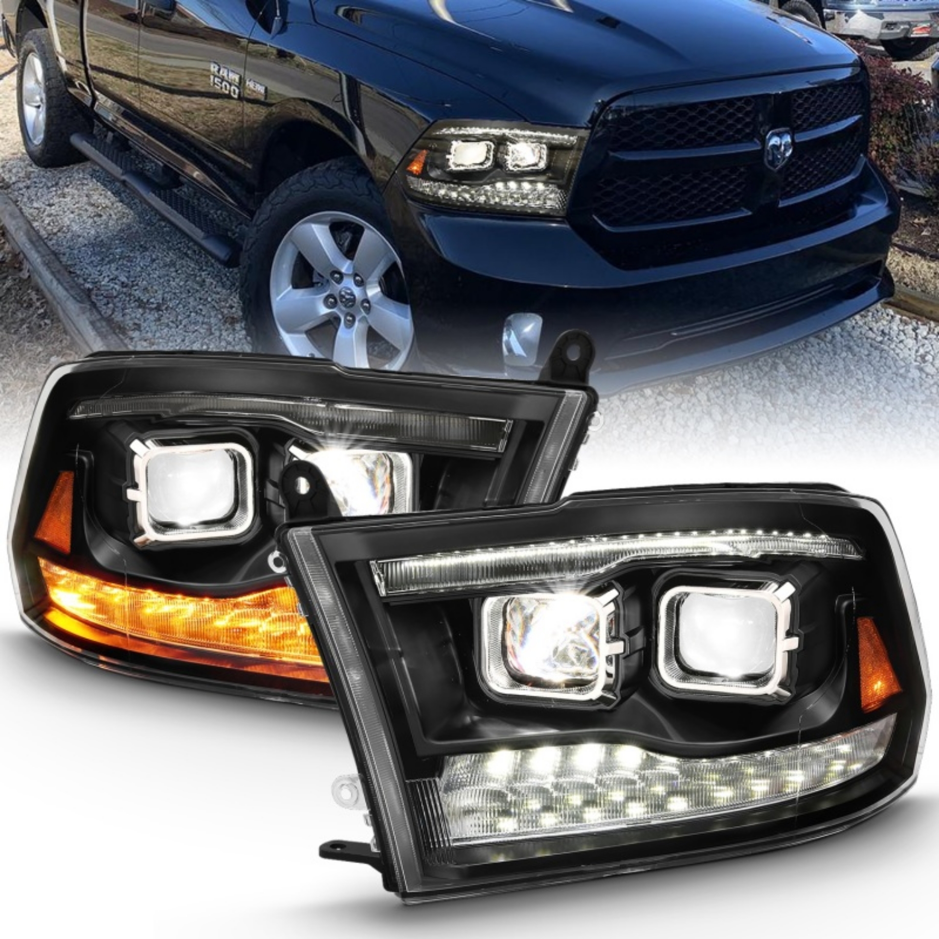 Picture of ANZO 2009-2018 Dodge Ram 1500 Led Projector Plank Style Switchback H-L Halo Black Amber OE Style