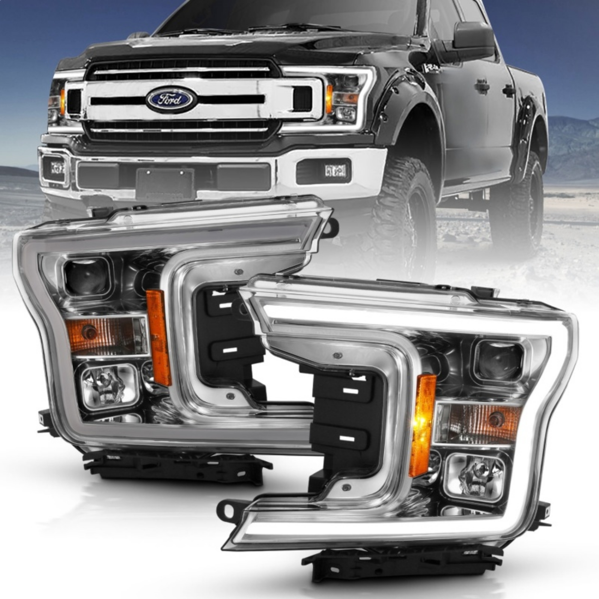 Picture of ANZO 2018-2019 Ford F-150 Projector Plank Style H-L- Chrome Amber Without Switchback