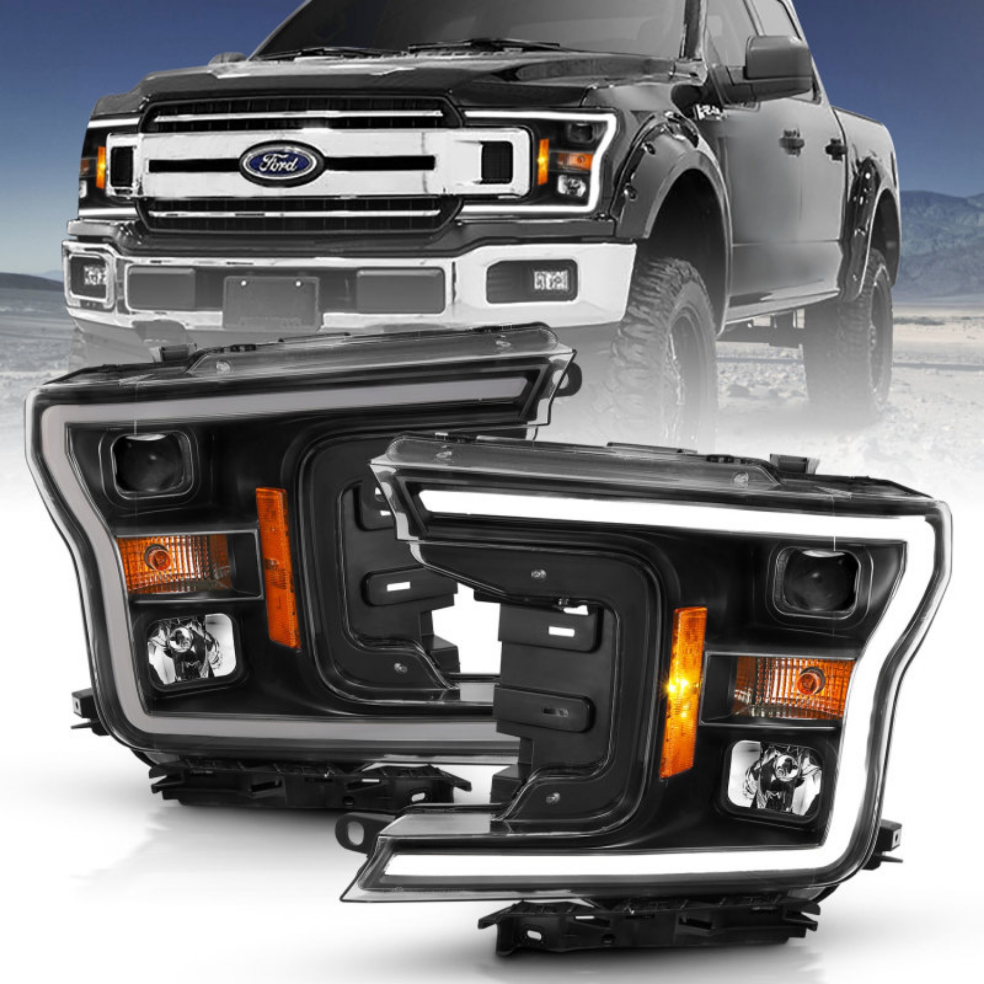 Picture of ANZO 2018-2019 Ford F-150 Projector Plank Style H-L- Black Amber Without Switchback