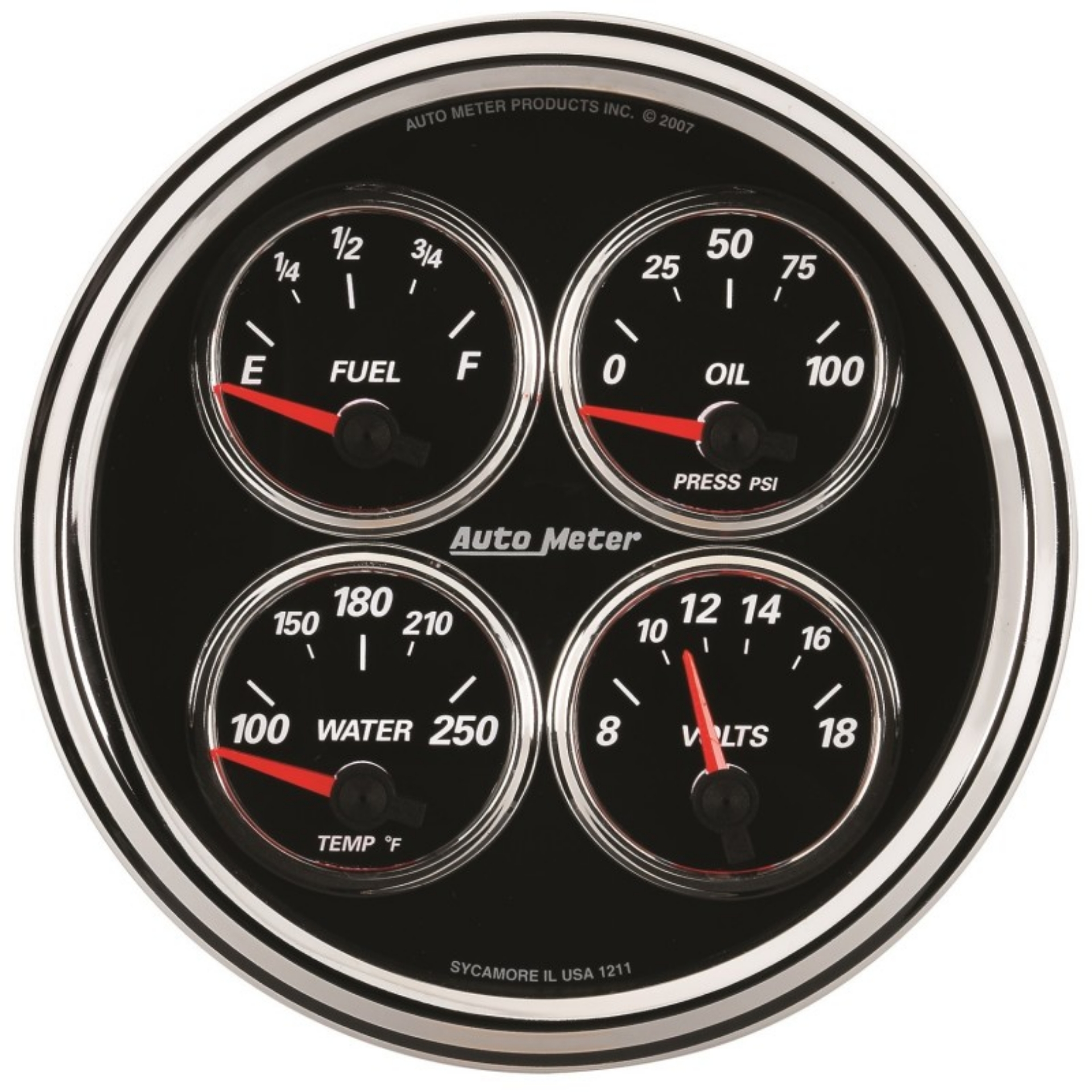 Picture of Autometer Designer Black II 100PSI-100-250 Deg F-8-18 Volt Oil Press-Water Temp-Volt-Fuel Quad Gauge