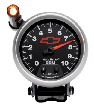 Picture of Autometer GM Red Bowtie Black 3-3-4in 0-10000 RPM Pedestal Mount Tachometer Quick-Lite