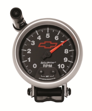 Picture of Autometer GM Red Bowtie Black 3-3-4in 0-10000 RPM Pedestal Mount Tachometer Quick-Lite