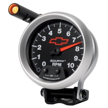 Picture of Autometer GM Red Bowtie Black 3-3-4in 0-10000 RPM Pedestal Mount Tachometer Quick-Lite