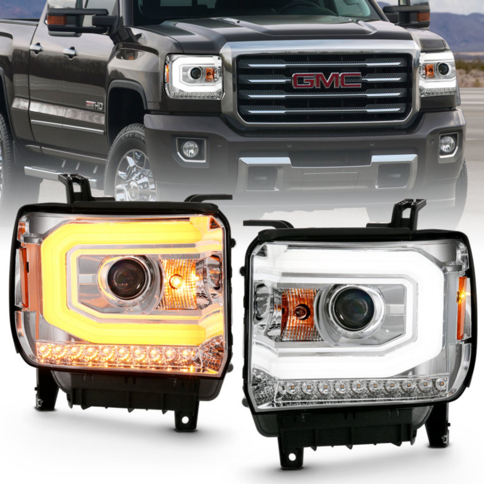 Picture of ANZO 2014-2015 Gmc Sierra 1500 Projector Headlight Plank Style Chrome w- Switchback Halogen Type