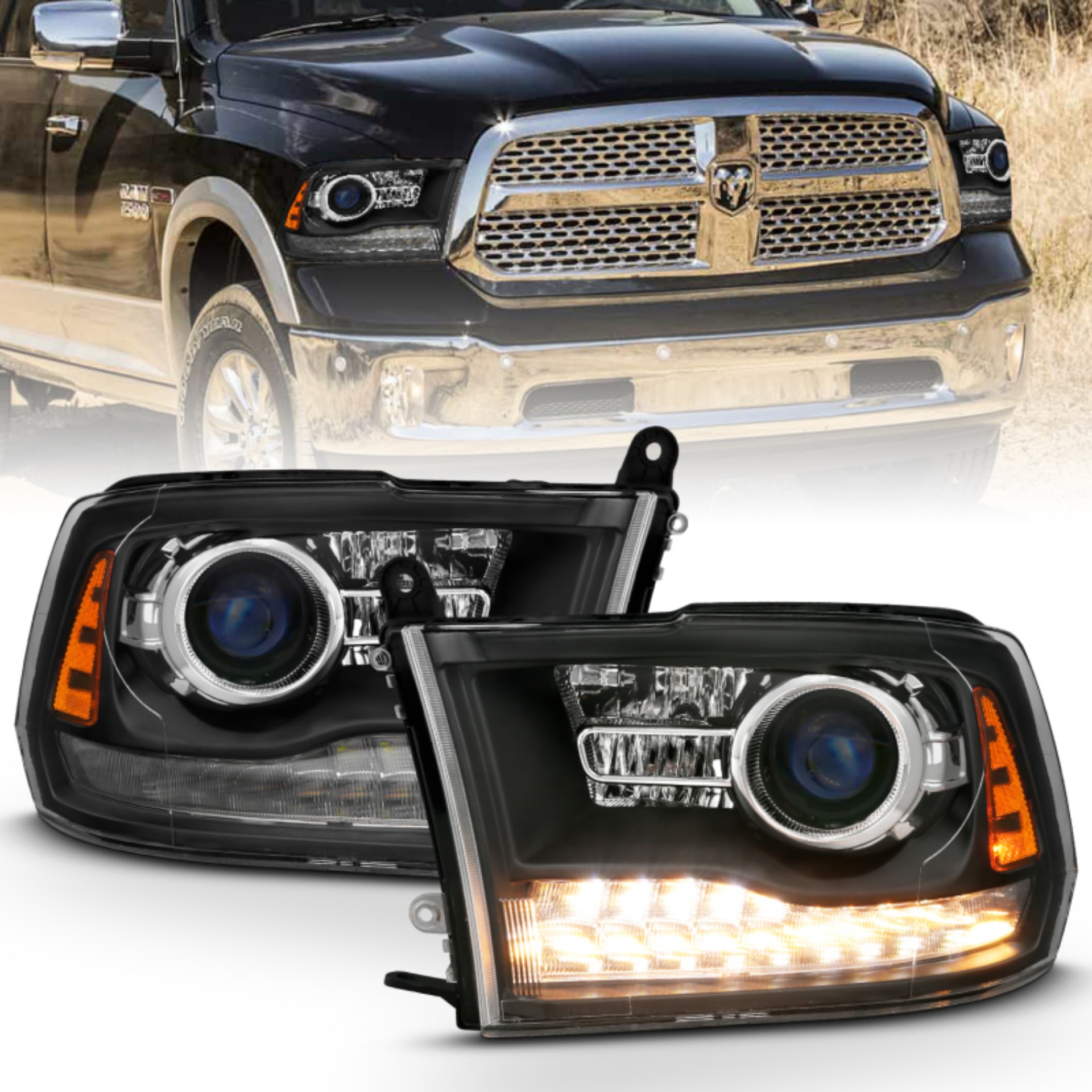 Picture of ANZO 2009-2018 Dodge Ram 1500 Projector Headlights Plank Style Halo w-Switchback Matte Black