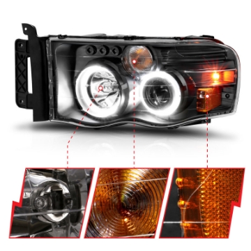 Picture of ANZO 2002-2005 Dodge Ram 1500 Projector Headlights w- Halo Black Clear Amber