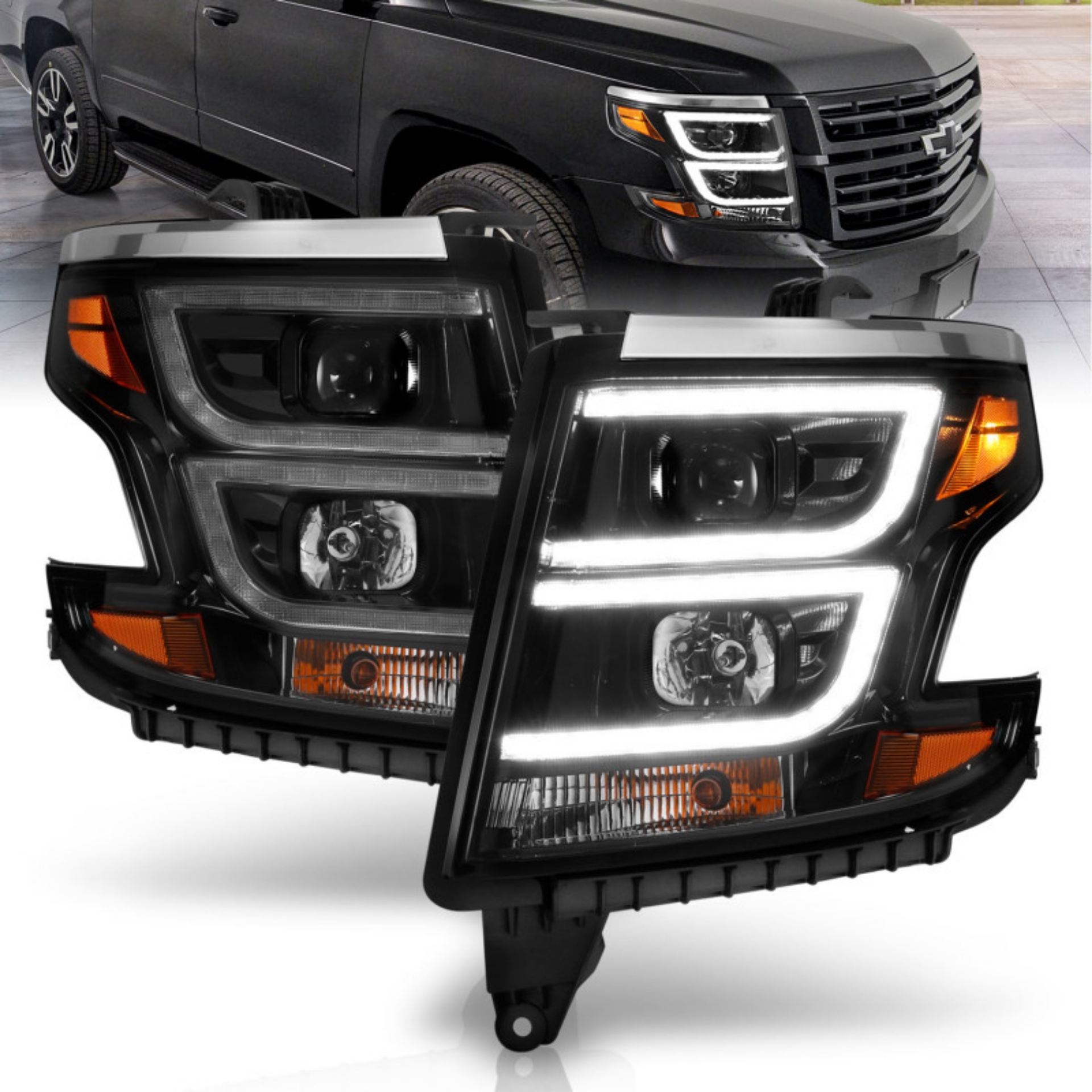 Picture of ANZO 2015-2020 Chevy Tahoe Projector Headlights Plank Style Black w-DRL