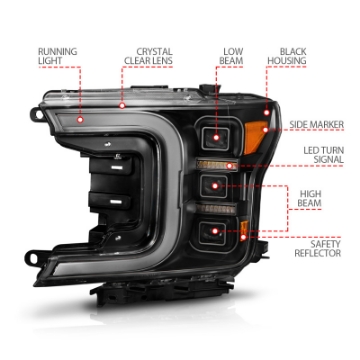 Picture of ANZO 18-20 Ford F-150 Full Led Projector Light Bar Headlights Black Amber