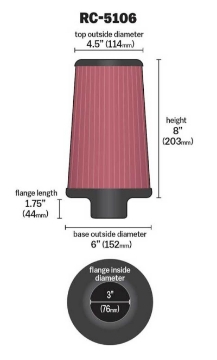 Picture of K&N Universal Chrome Round Tapered Air Filter 3in FlangeID - 6in Base OD - 4-5in Top OD - 8in Height