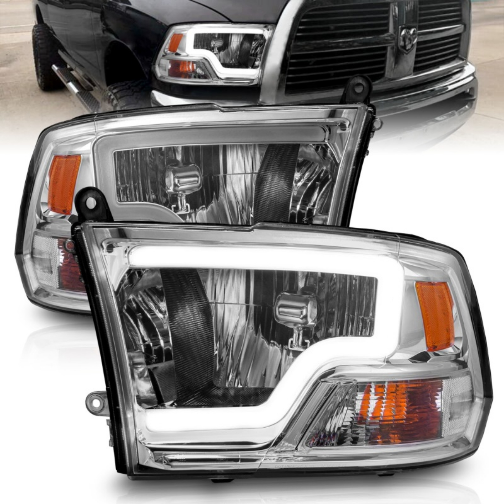 Picture of ANZO 2009-2018 Dodge Ram 1500- 2500- 3500 Crystal Headlights w- Light Bar Chrome Housing