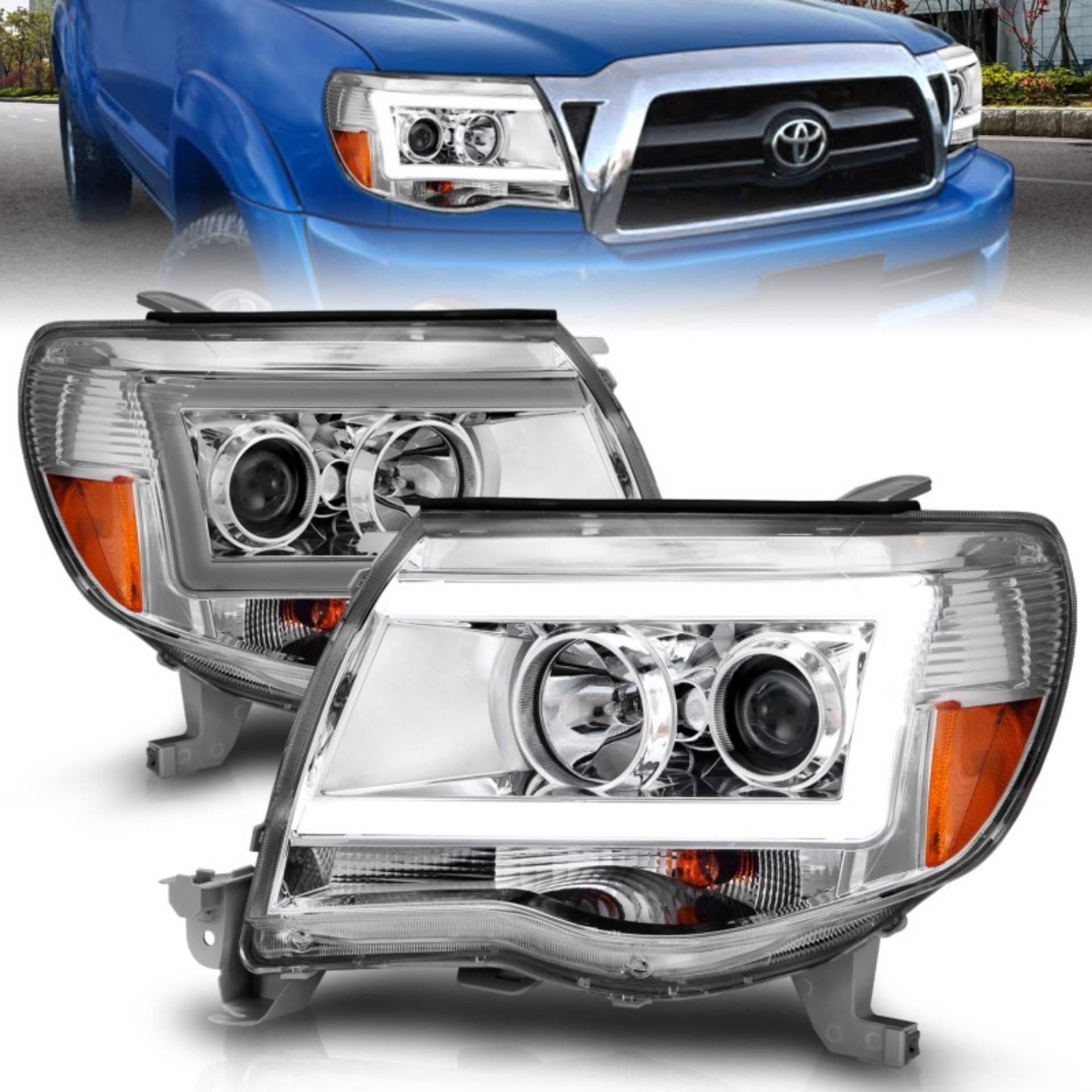 Picture of ANZO 2005-2011 Toyota Tacoma Projector Headlights w- Light Bar Chrome Housing