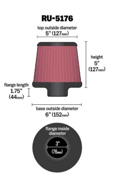 Picture of K&N Universal Rubber Filter-Round Tapered 3in Flange ID x 6in Base OD x 6in Top OD x 5in H