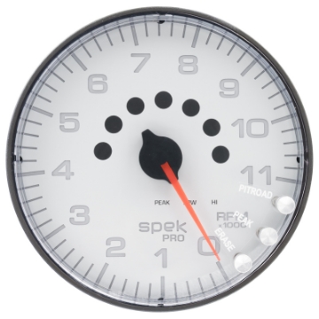 Picture of Autometer Spek-Pro Gauge Tachometer 5in 11K Rpm W-Shift Light & Peak Mem White-Black