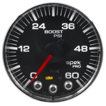 Picture of Autometer Spek-Pro Gauge Boost 2 1-16in 60psi Stepper Motor W-Peak & Warn Blk-Chrm