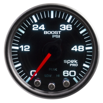 Picture of Autometer Spek-Pro Gauge Boost 2 1-16in 60psi Stepper Motor W-Peak & Warn Blk-Smoke-Black