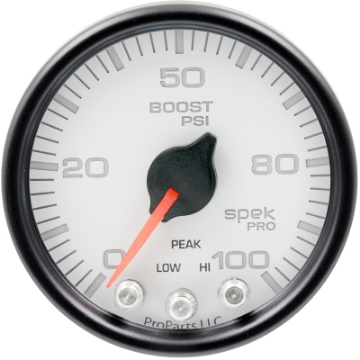 Picture of Autometer Spek-Pro Gauge Boost 2 1-16in 100psi Stepper Motor W-Peak & Warn Wht-Blk