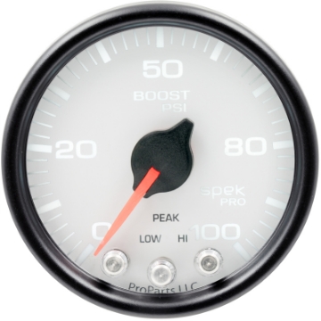 Picture of Autometer Spek-Pro Gauge Boost 2 1-16in 100psi Stepper Motor W-Peak & Warn Wht-Blk