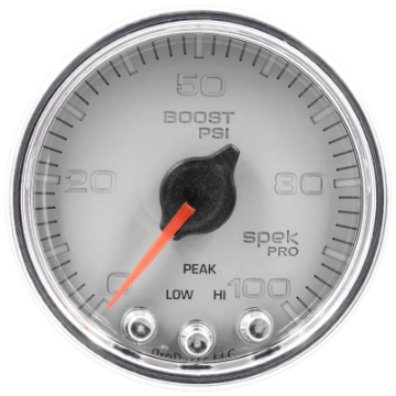 Picture of Autometer Spek-Pro Gauge Boost 2 1-16in 100psi Stepper Motor W-Peak & Warn Slvr-Chrm