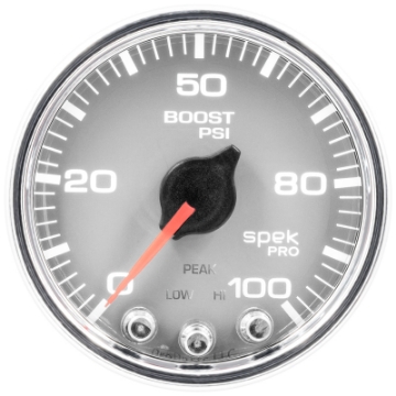 Picture of Autometer Spek-Pro Gauge Boost 2 1-16in 100psi Stepper Motor W-Peak & Warn Slvr-Chrm