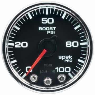 Picture of Autometer Spek-Pro Gauge Boost 2 1-16in 100psi Stepper Motor W-Peak & Warn Blk-Chrm