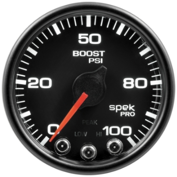 Picture of Autometer Spek-Pro Gauge Boost 2 1-16in 100psi Stepper Motor W-Peak & Warn Blk-Blk