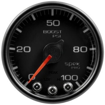 Picture of Autometer Spek-Pro Gauge Boost 2 1-16in 100psi Stepper Motor W-Peak & Warn Blk-Blk