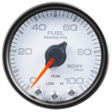 Picture of Autometer Spek-Pro Gauge Fuel Press 2 1-16in 100psi Stepper Motor W-Peak & Warn Wht-Blk
