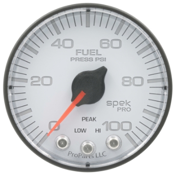 Picture of Autometer Spek-Pro Gauge Fuel Press 2 1-16in 100psi Stepper Motor W-Peak & Warn Wht-Blk