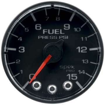 Picture of Autometer Spek-Pro Gauge Fuel Press 2 1-16in 15psi Stepper Motor W-Peak & Warn Blk-Blk