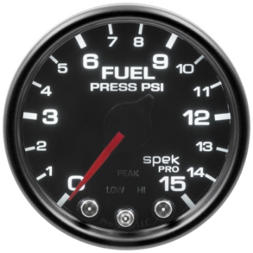 Picture of Autometer Spek-Pro Gauge Fuel Press 2 1-16in 15psi Stepper Motor W-Peak & Warn Blk-Smoke-Blk