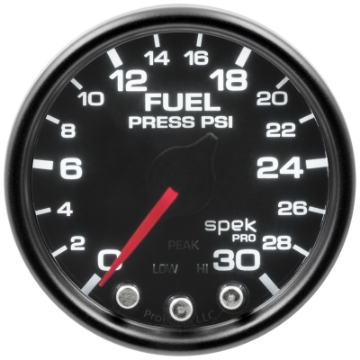 Picture of Autometer Spek-Pro Gauge Fuel Press 2 1-16in 30psi Stepper Motor W-Peak & Warn Blk-Smoke-Blk