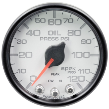 Picture of Autometer Spek-Pro Gauge Oil Press 2 1-16in 120psi Stepper Motor W-Peak & Warn Wht-Blk