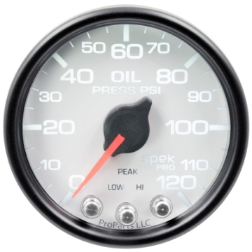 Picture of Autometer Spek-Pro Gauge Oil Press 2 1-16in 120psi Stepper Motor W-Peak & Warn Wht-Blk