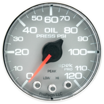 Picture of Autometer Spek-Pro Gauge Oil Press 2 1-16in 120psi Stepper Motor W-Peak & Warn Slvr-Chrm