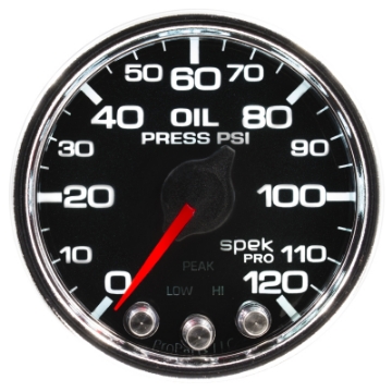 Picture of Autometer Spek-Pro Gauge Oil Press 2 1-16in 120psi Stepper Motor W-Peak & Warn Blk-Chrm