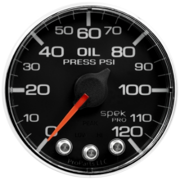 Picture of Autometer Spek-Pro Gauge Oil Press 2 1-16in 120psi Stepper Motor W-Peak & Warn Blk-Chrm