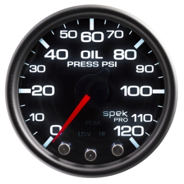 Picture of Autometer Spek-Pro Gauge Oil Press 2 1-16in 120psi Stepper Motor W-Peak & Warn Blk-Smoke-Blk