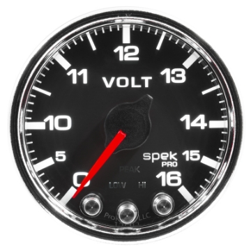 Picture of Autometer Spek-Pro Gauge Voltmeter 2 1-16in 16V Stepper Motor W-Peak & Warn Blk-Chrm
