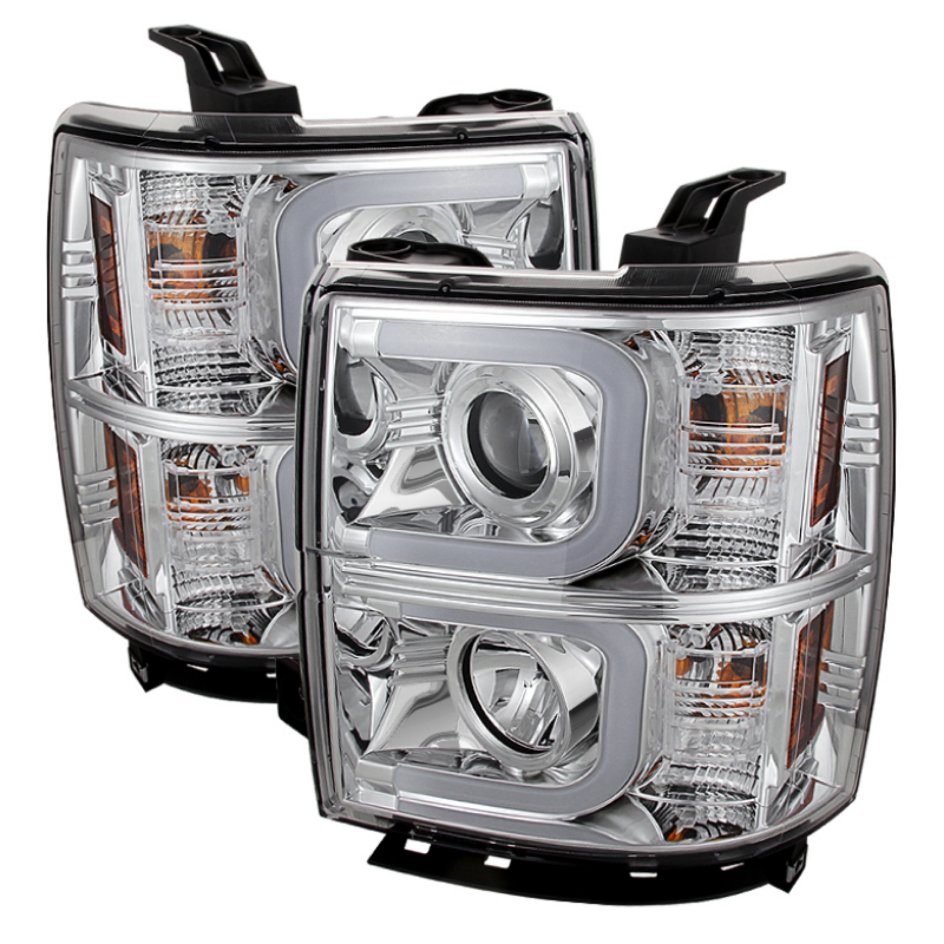 Picture of Spyder Chevy Silverado 1500 14-16 Projector Headlights Light Bar DRL Chrm PRO-YD-CS14-LBDRL-C