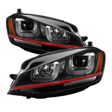 Picture of Spyder Volkswagen Golf VII 14-16 Projector Headlights DRL LED Red Stripe Blk PRO-YD-VG15-RED-DRL-BK